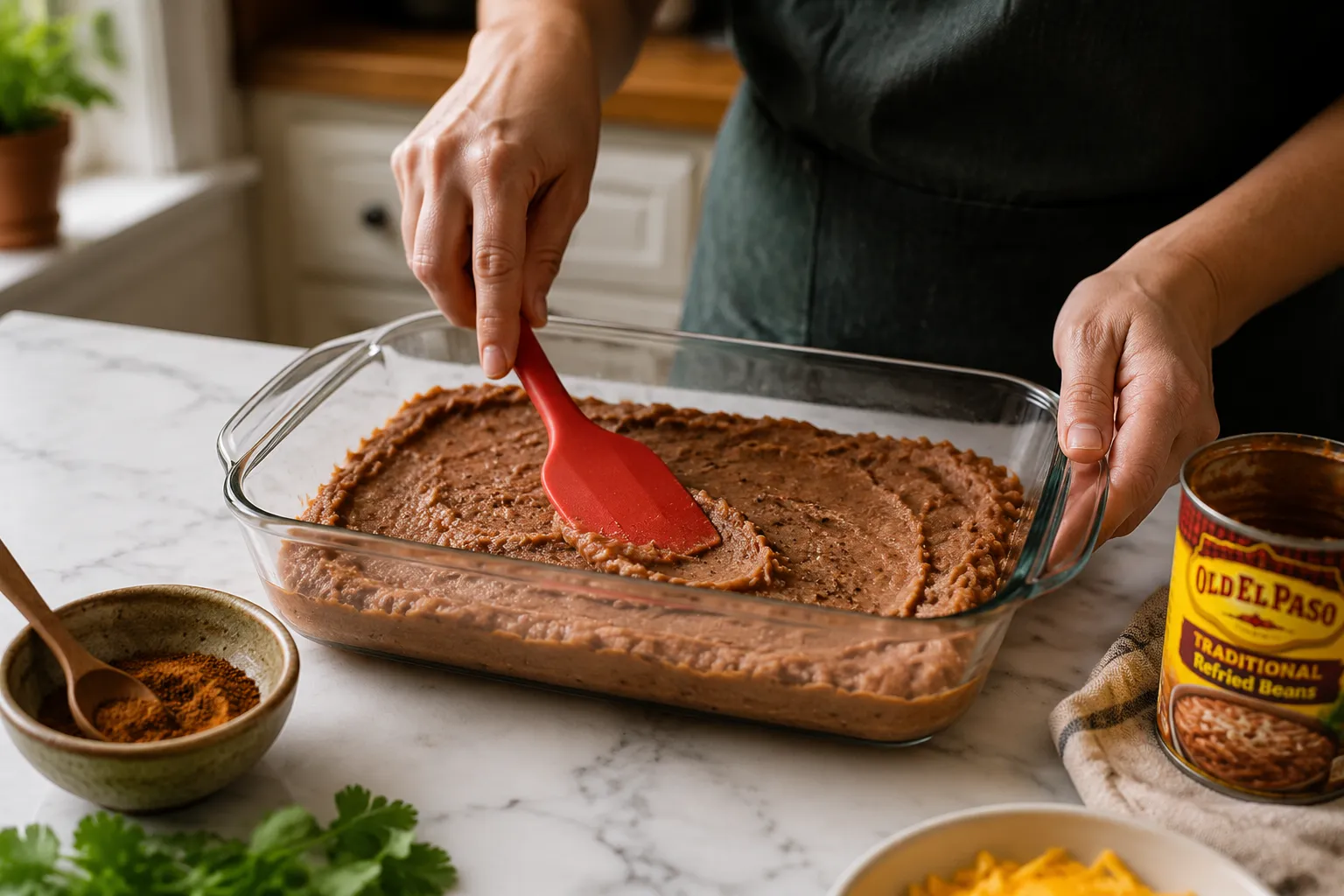 Spreading seasoned refried beans as the first layer of 7 layer dip