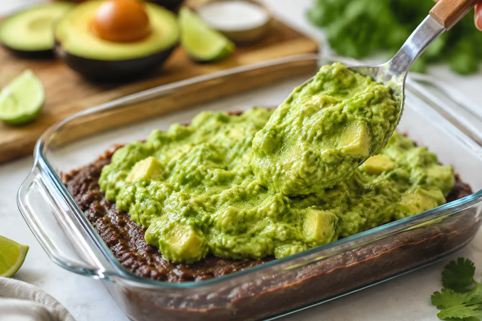 Layering fresh guacamole over refried beans for 7 layer dip