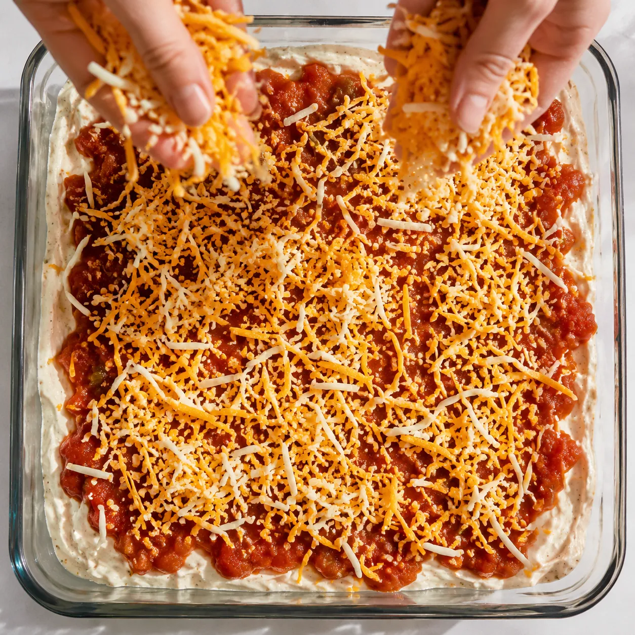 Sprinkling shredded cheese over salsa and sour cream layers of 7 layer dip