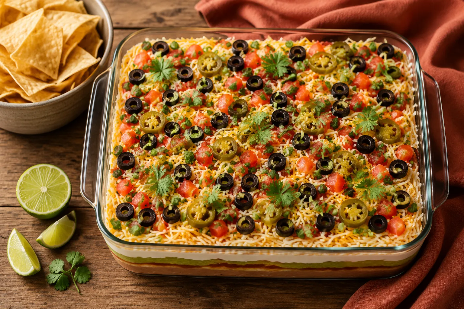 Finished 7 layer dip topped with cheese, olives, green onions, and cilantro