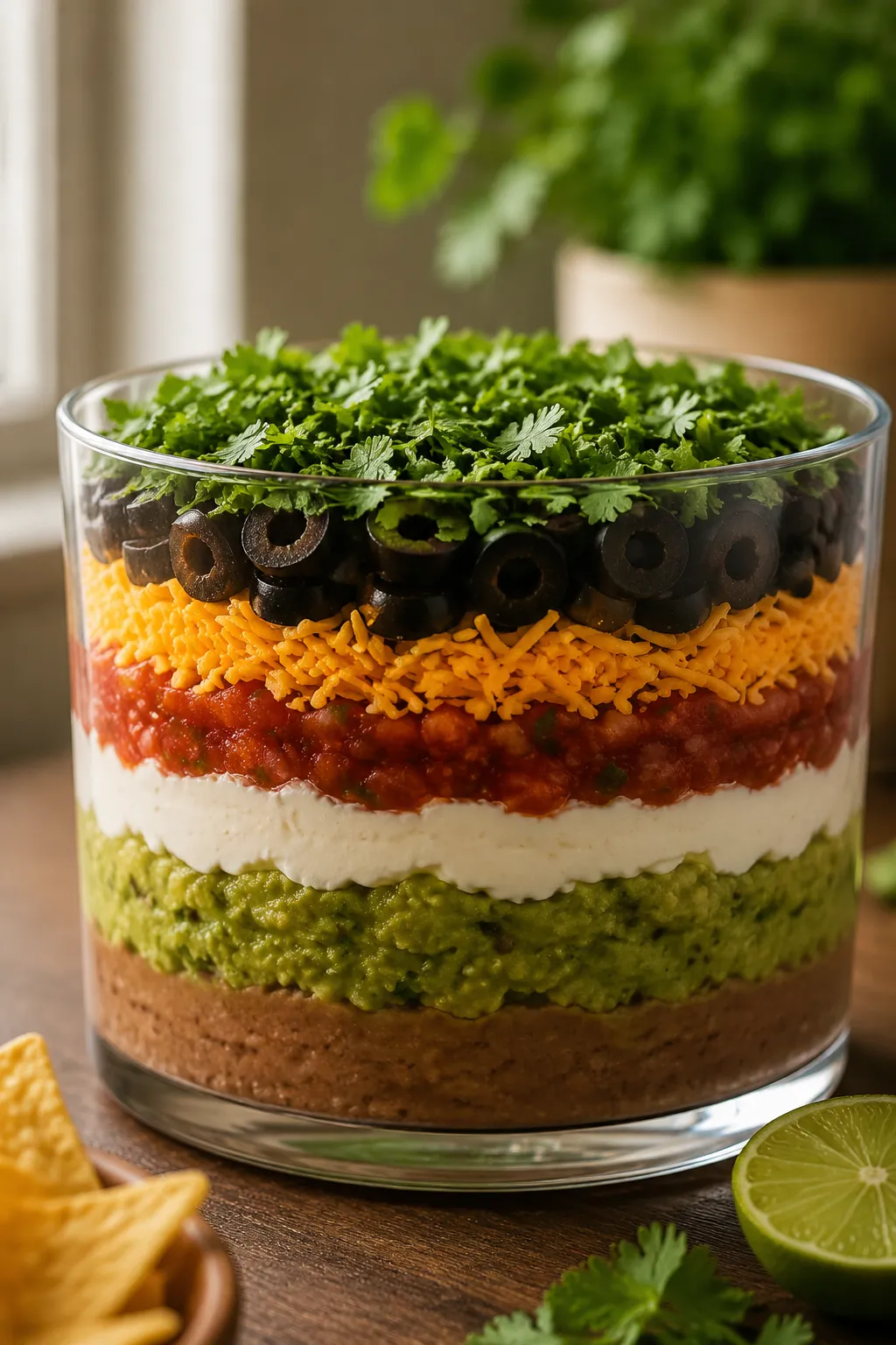 Side view of 7 layer dip showing each layer stacked in a glass dish