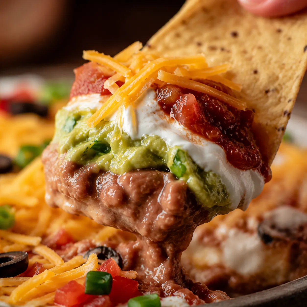 Close-up of a tortilla chip scooping a generous bite of 7 layer dip