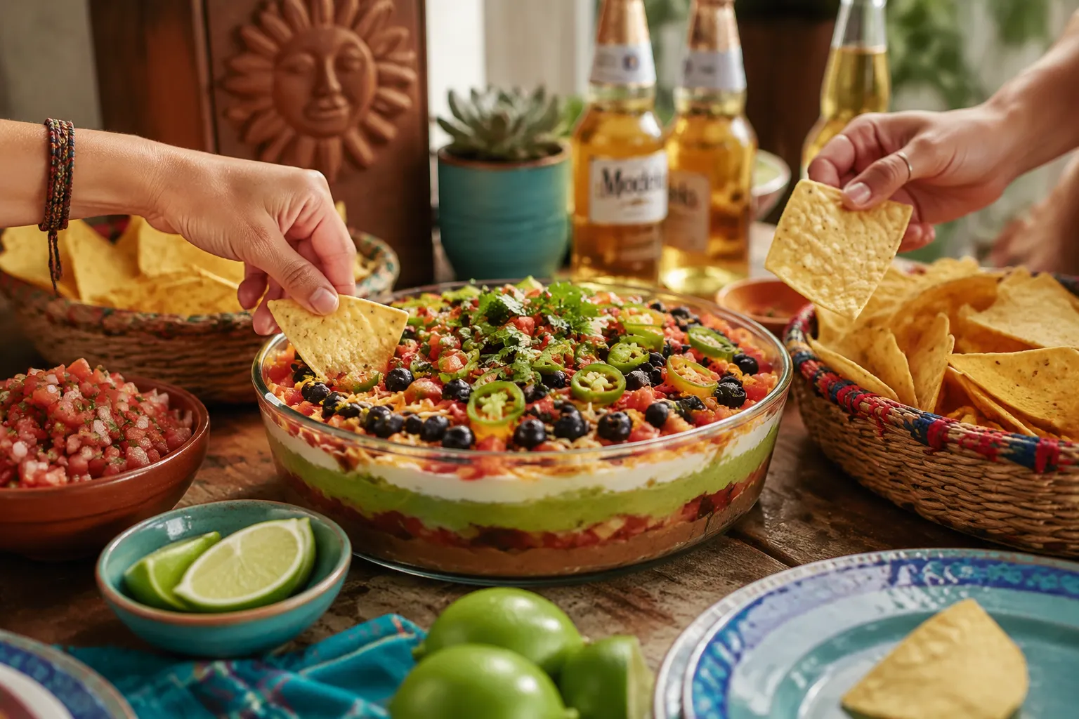 7 layer dip on a game day table surrounded by chips and drinks