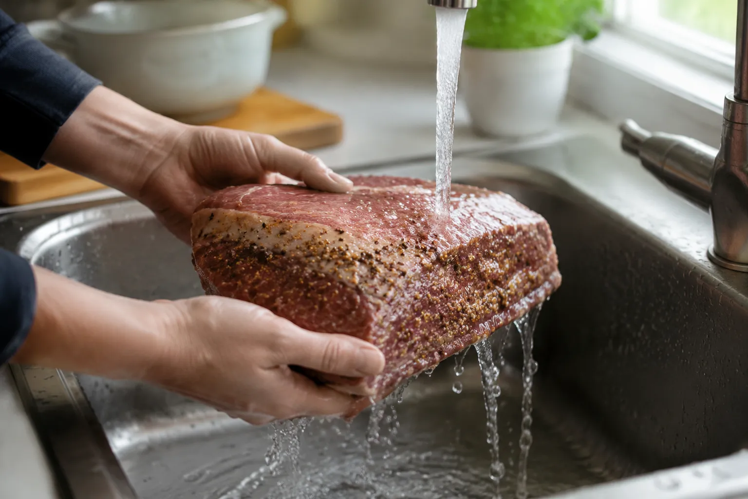 Rinsing corned beef brisket before simmering for corned beef and cabbage recipe
