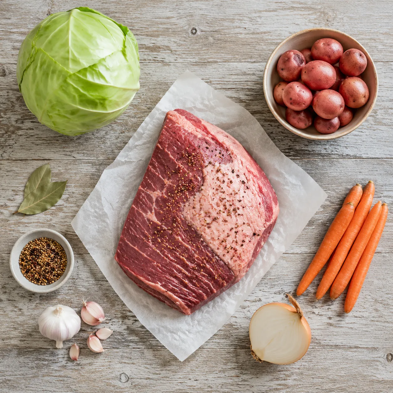Corned beef and cabbage recipe ingredients flatlay with brisket and vegetables