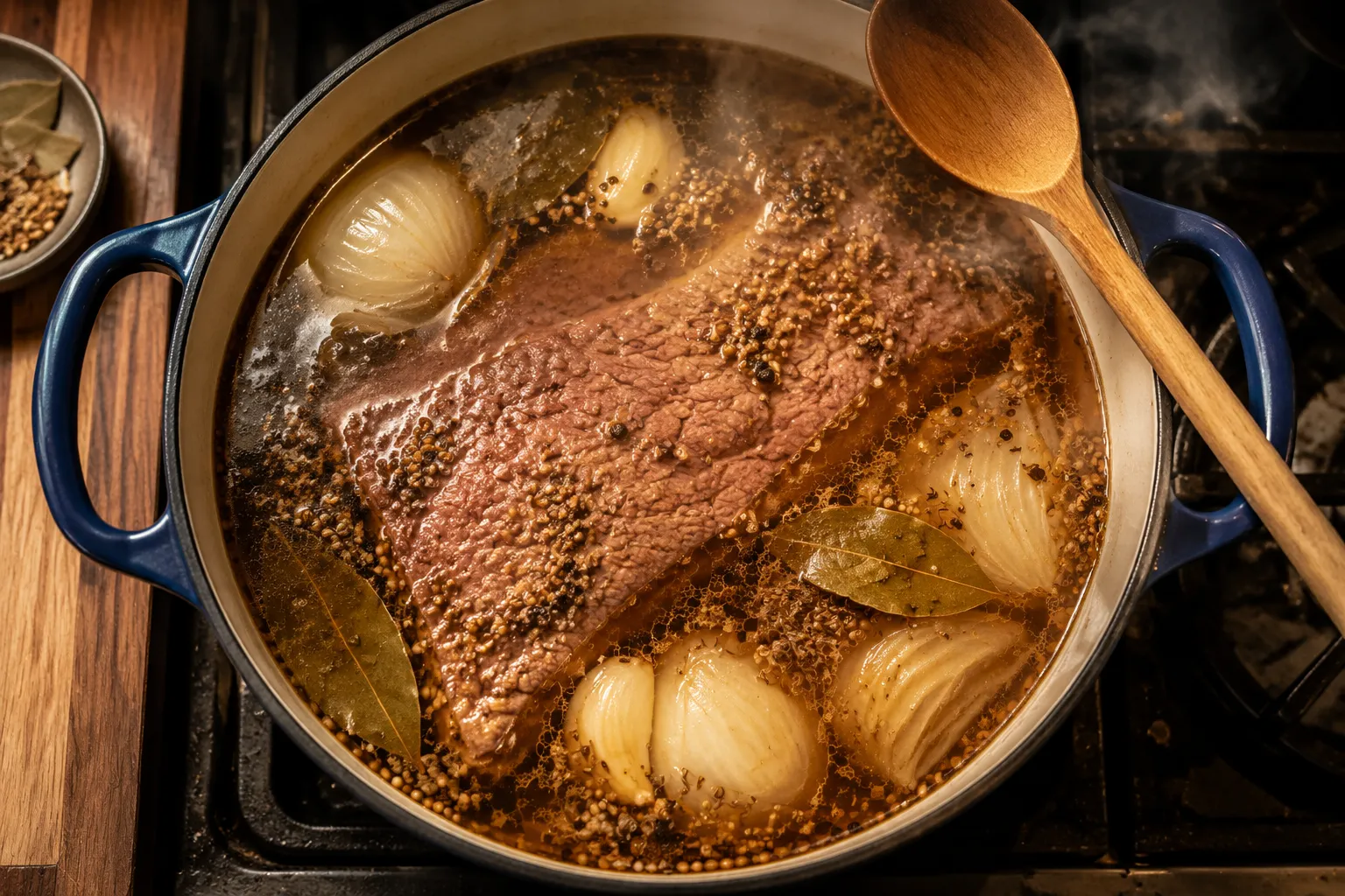 Corned beef brisket simmering with pickling spice in a Dutch oven