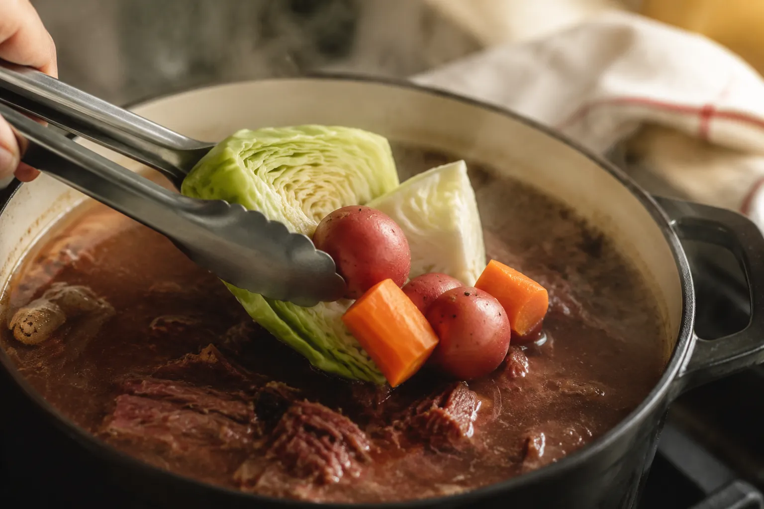 Adding cabbage wedges and potatoes to corned beef pot for tender vegetables