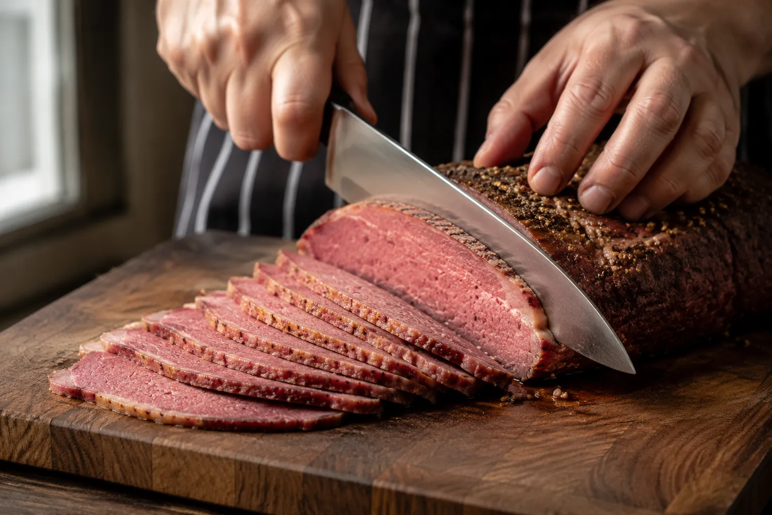 Slicing corned beef against the grain for tender corned beef and cabbage