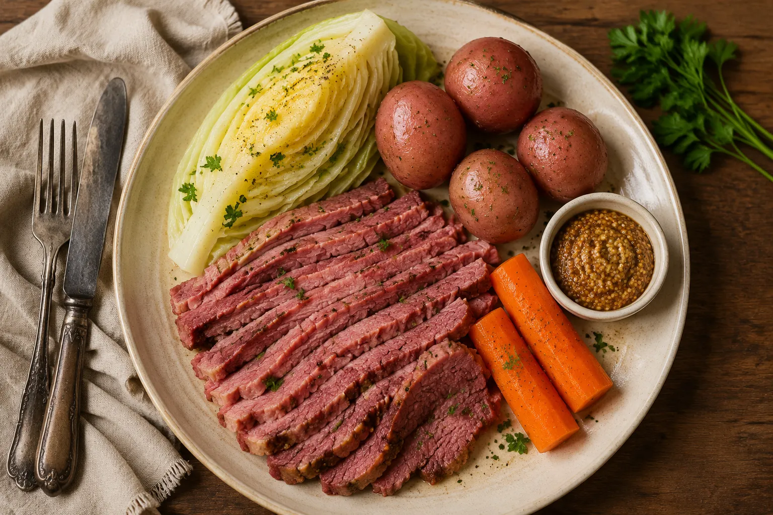 Plated corned beef and cabbage recipe with potatoes carrots and mustard