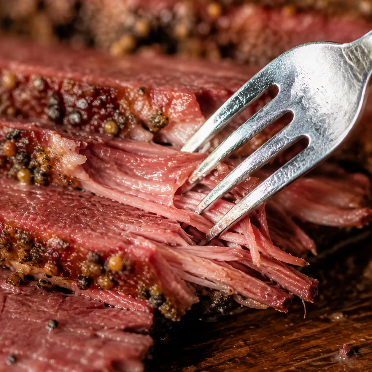 Close-up of fork-tender corned beef brisket sliced against the grain