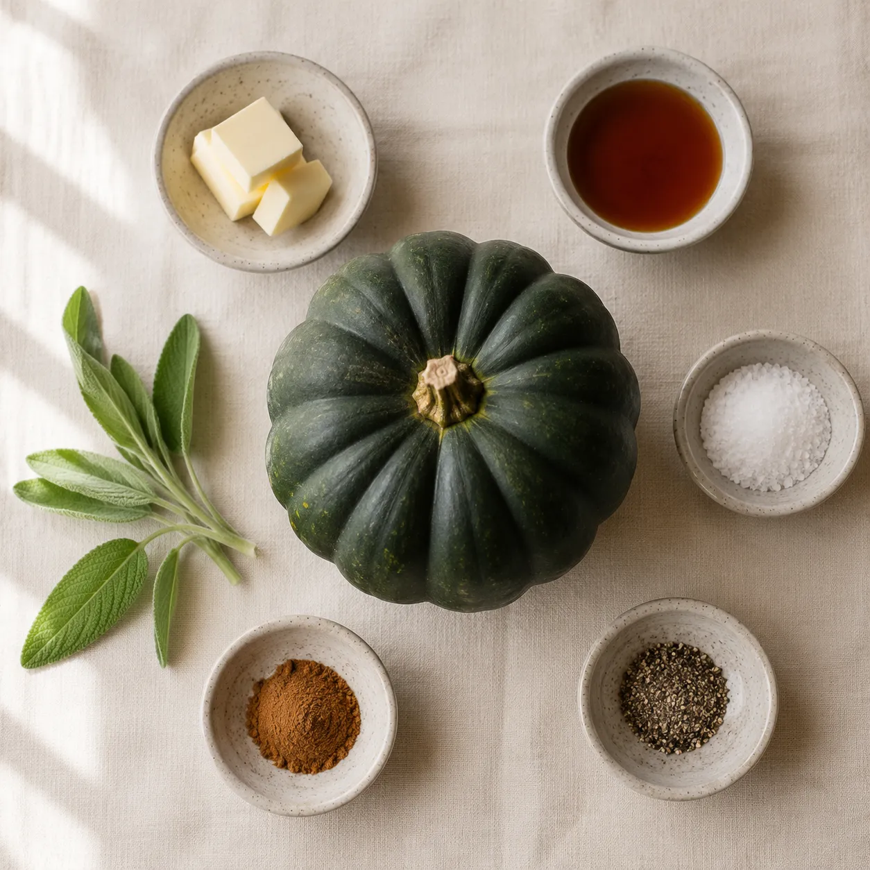Acorn squash recipe ingredients flatlay with butter, maple syrup, and sage