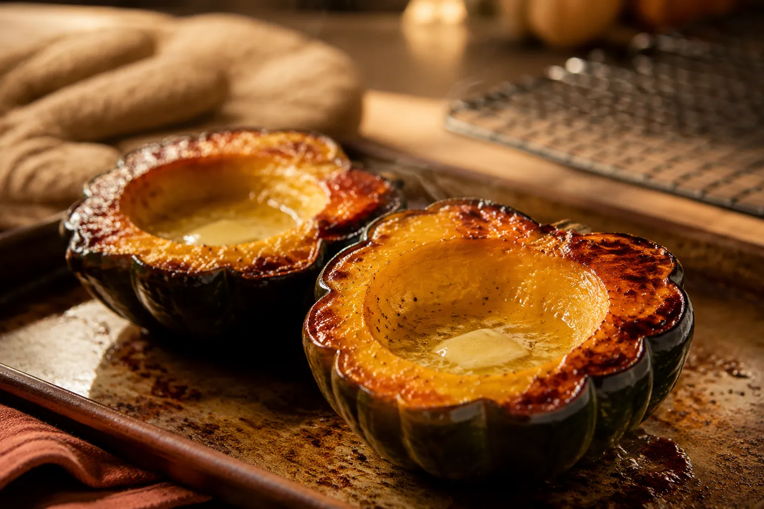 Roasted acorn squash with caramelized edges fresh from the oven
