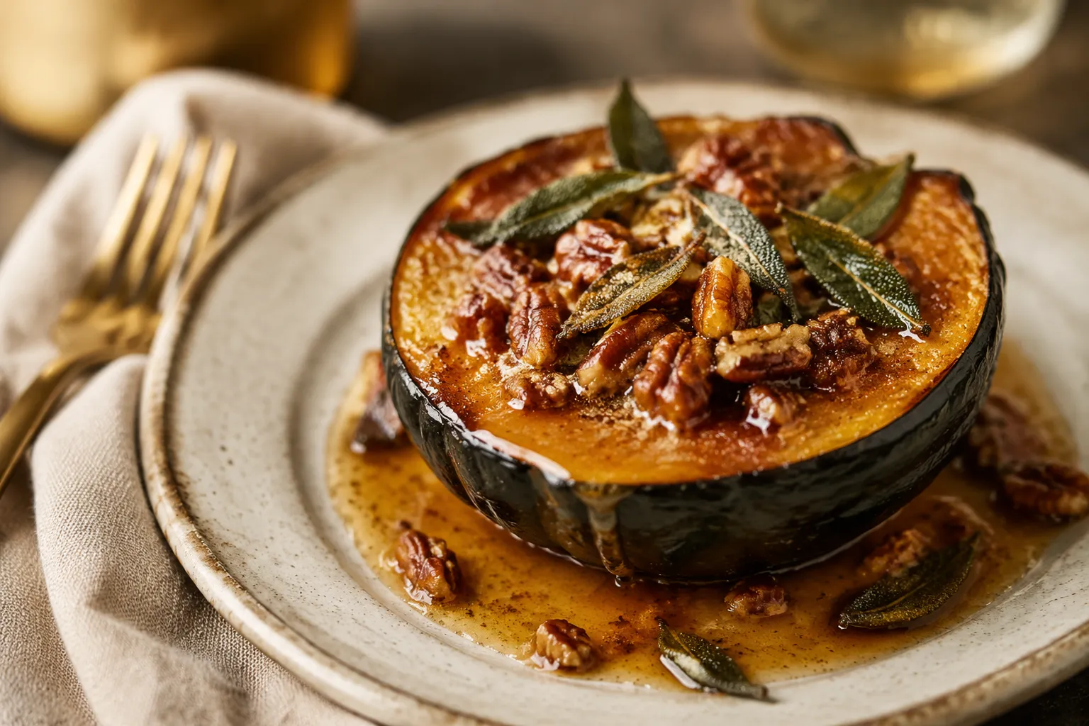 Plated acorn squash recipe with maple brown butter, sage, and pecans