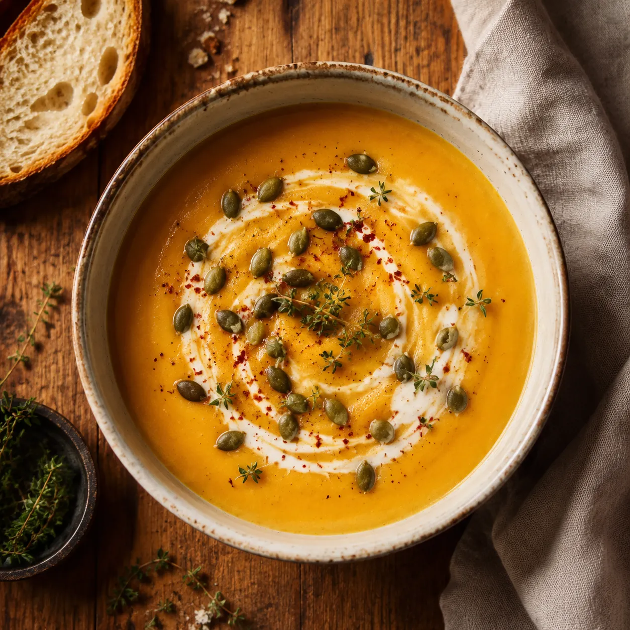 Creamy acorn squash soup recipe in a ceramic bowl with pepitas