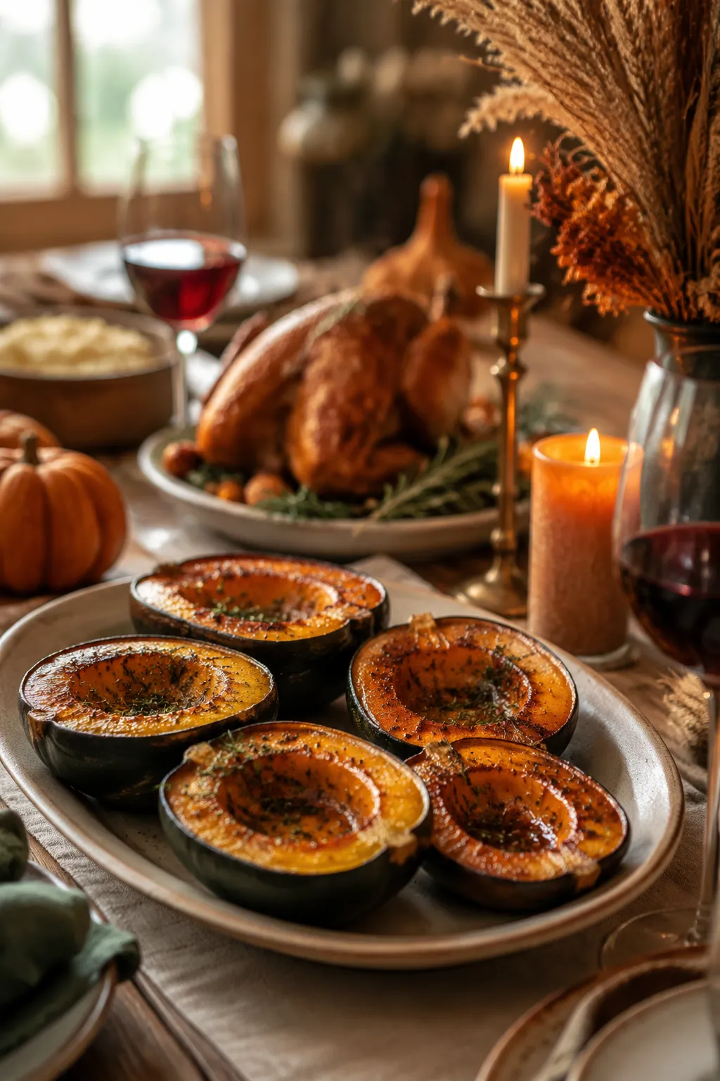 Acorn squash recipe served as a fall side dish on a holiday dinner table