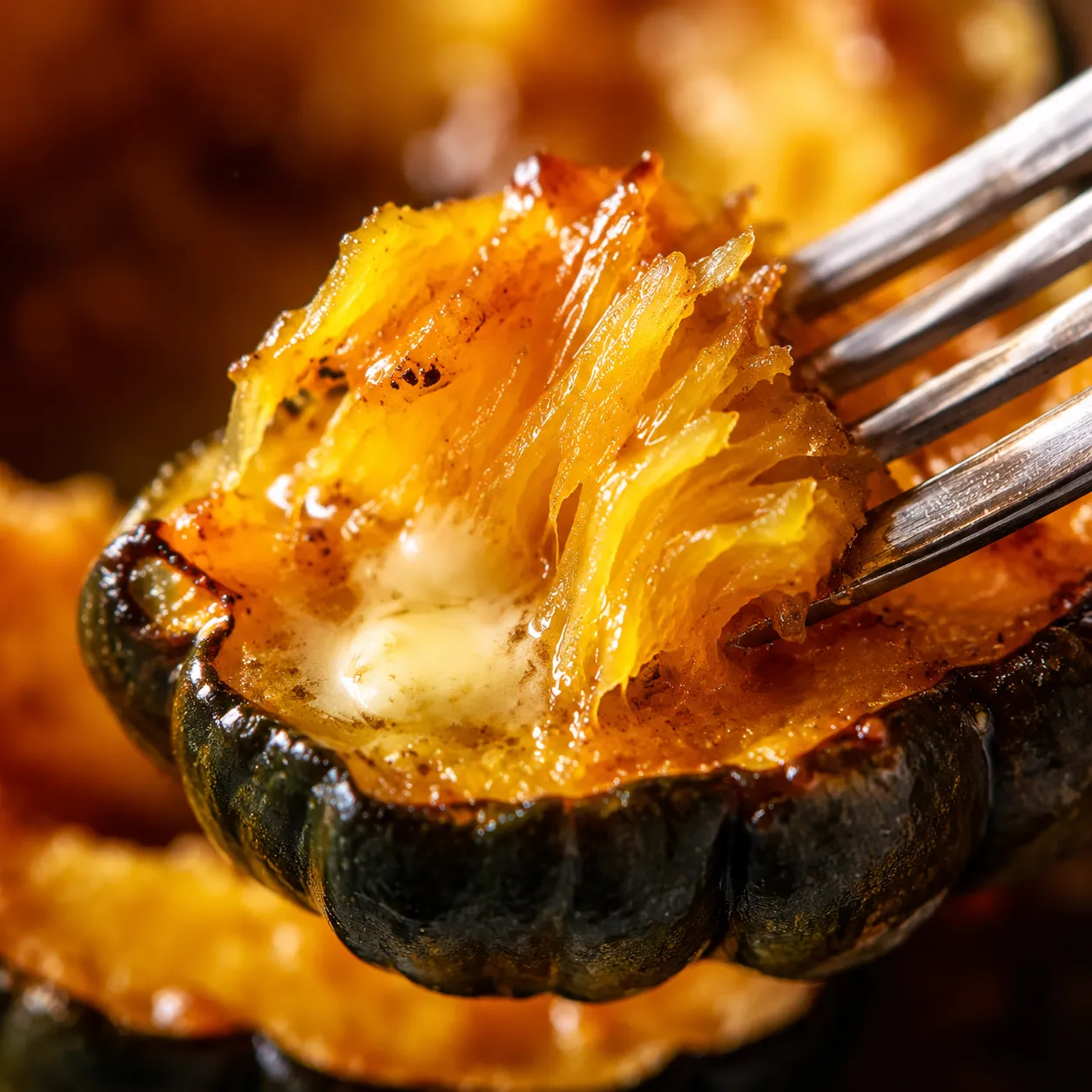 Close-up of tender roasted acorn squash on a fork with maple butter