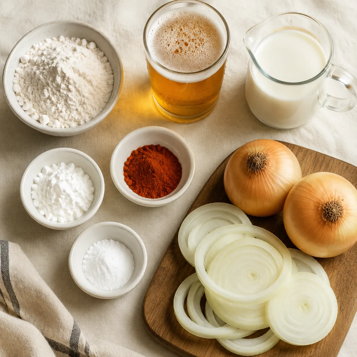 Onion ring recipe ingredients flatlay with flour, beer, buttermilk and sweet onions