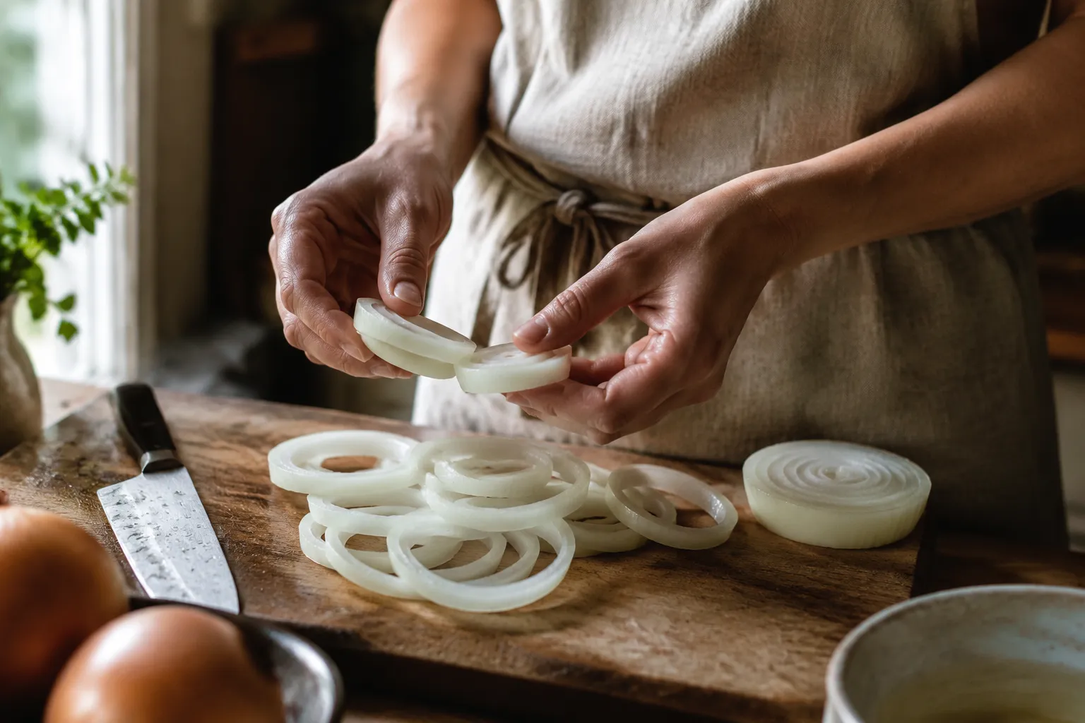 Separating sliced sweet onions into rings for homemade onion rings