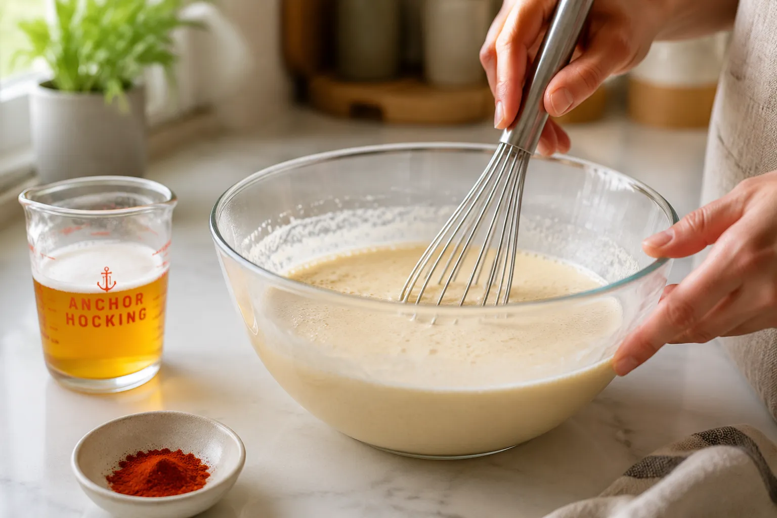 Whisking crispy onion ring batter with beer and flour in a glass bowl