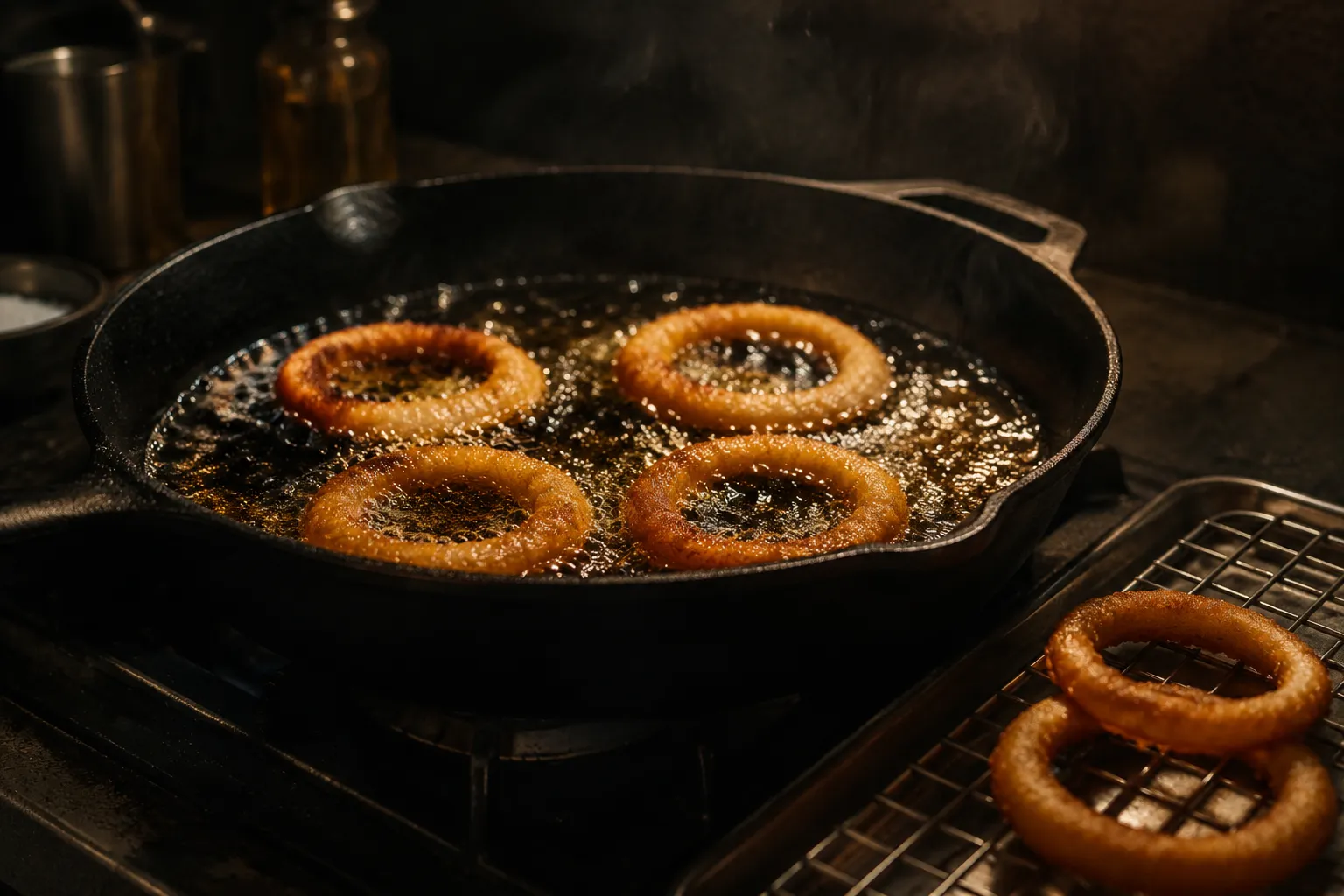 Frying crispy onion rings in golden oil in a cast iron skillet