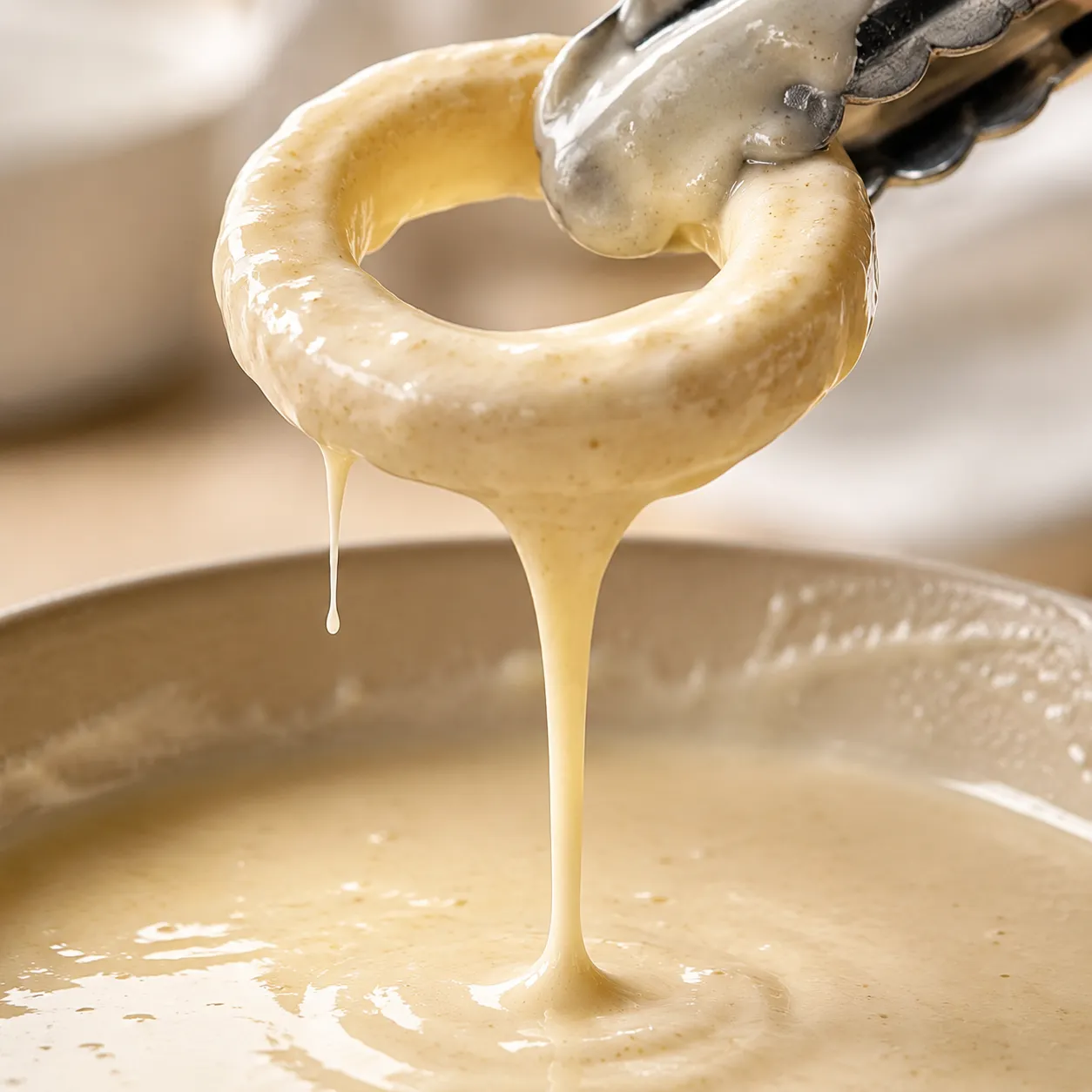 Onion ring dipped in thick beer batter for the crispiest coating