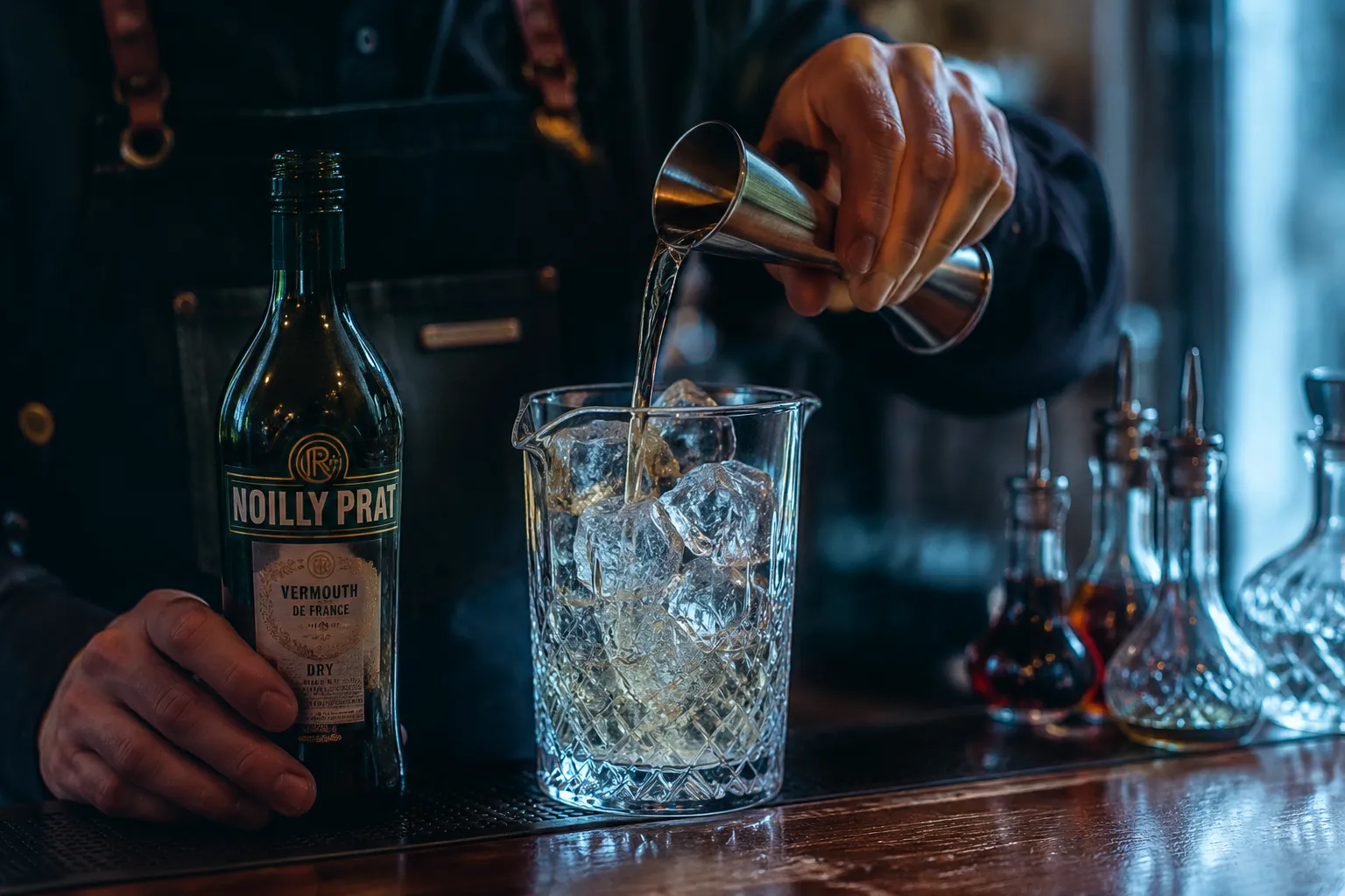 Pouring dry vermouth into a mixing glass for a classic martini