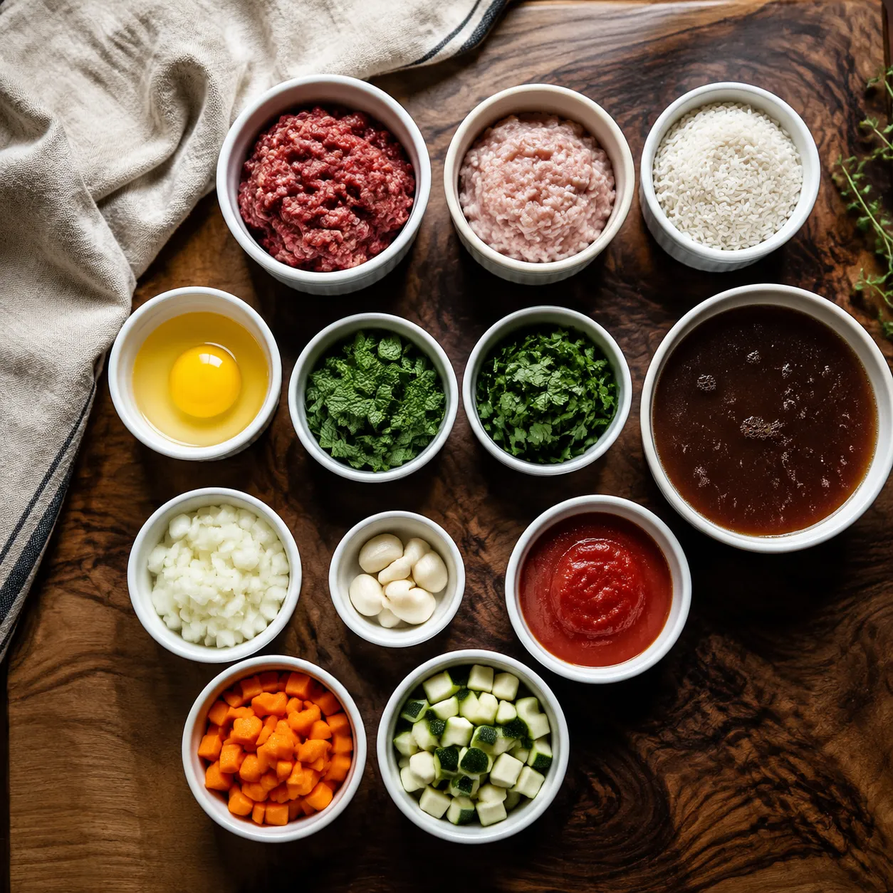 Ingredients for Mexican albondigas meatball soup laid out flat