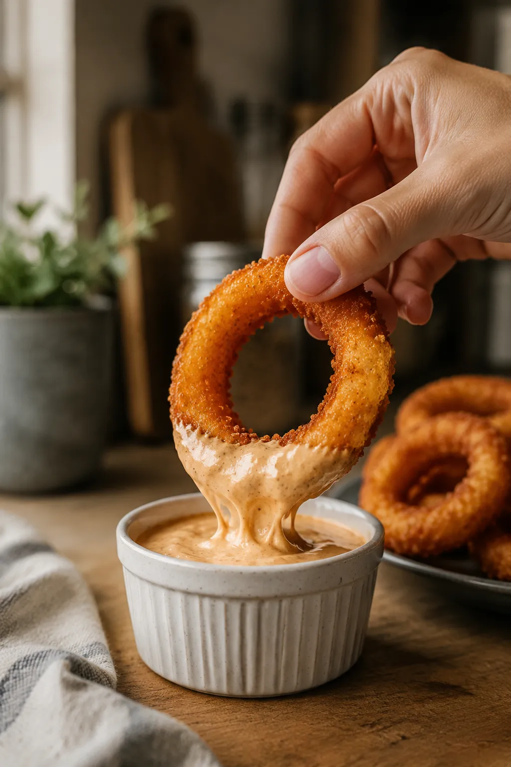Dunking a crispy onion ring into chipotle aioli dipping sauce