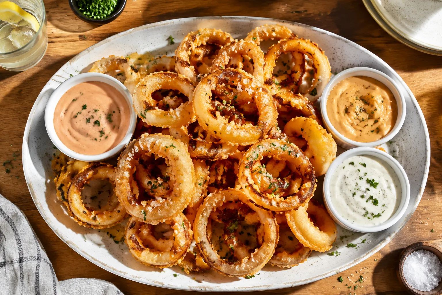 Platter of homemade onion rings with three dipping sauces overhead
