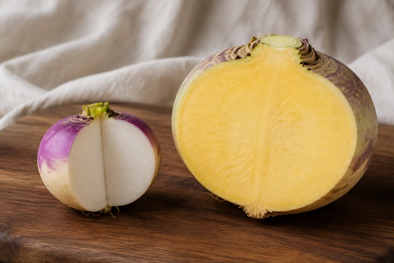 Turnip vs rutabaga comparison showing white turnip flesh and yellow rutabaga flesh.