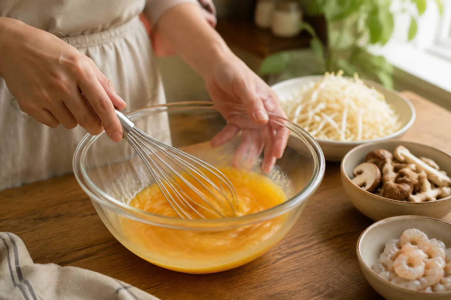 Whisking eggs for egg foo young batter with vegetables in background