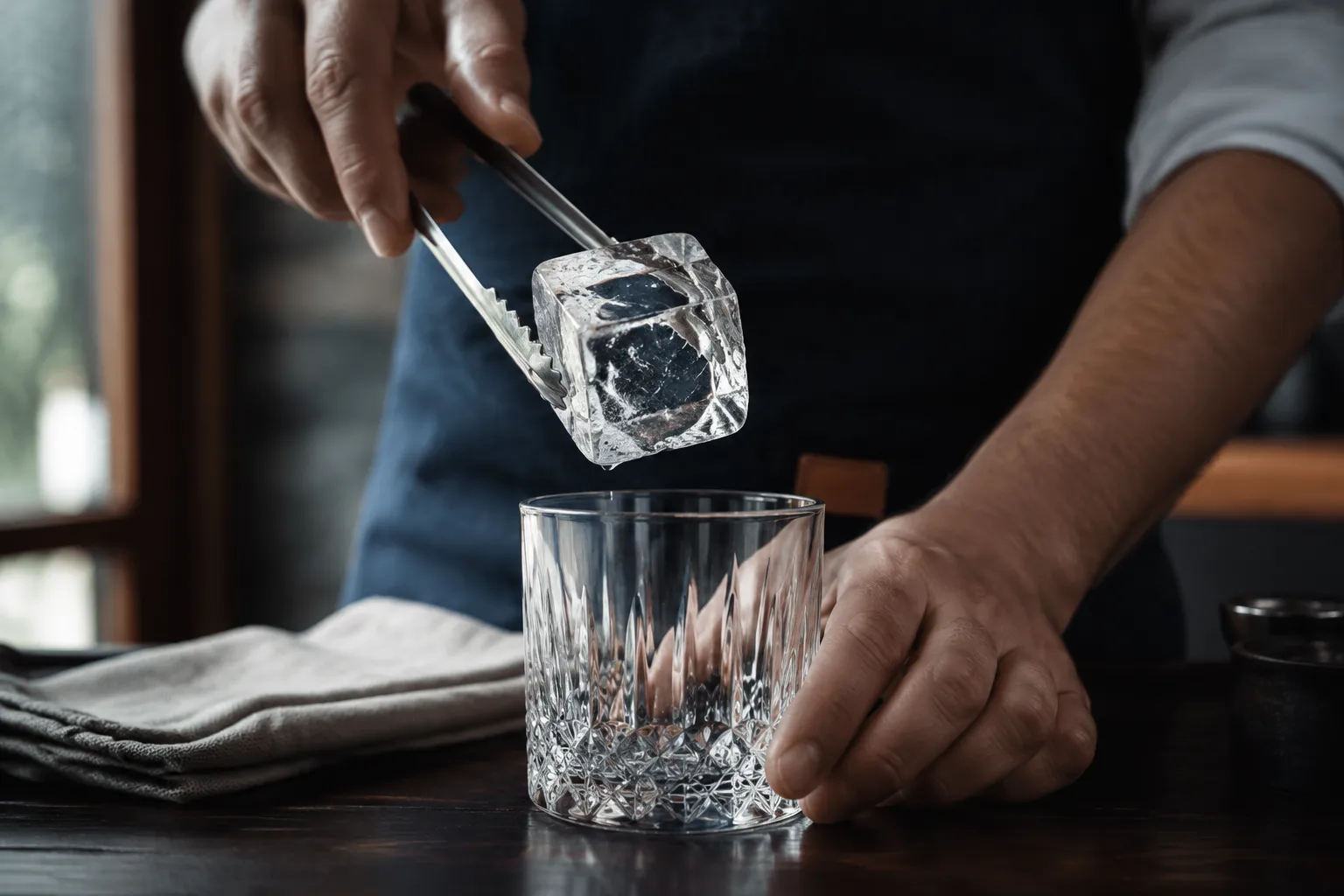 Adding ice cubes to a rocks glass for a White Russian cocktail