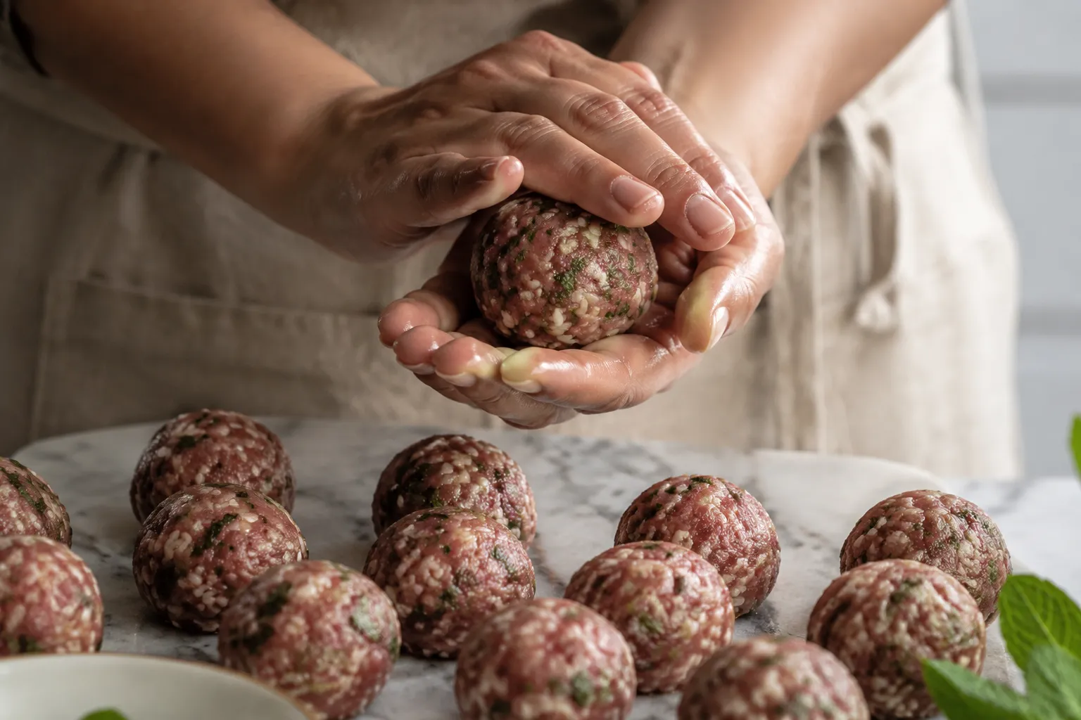 Hands rolling raw albondigas meatballs with rice and fresh mint