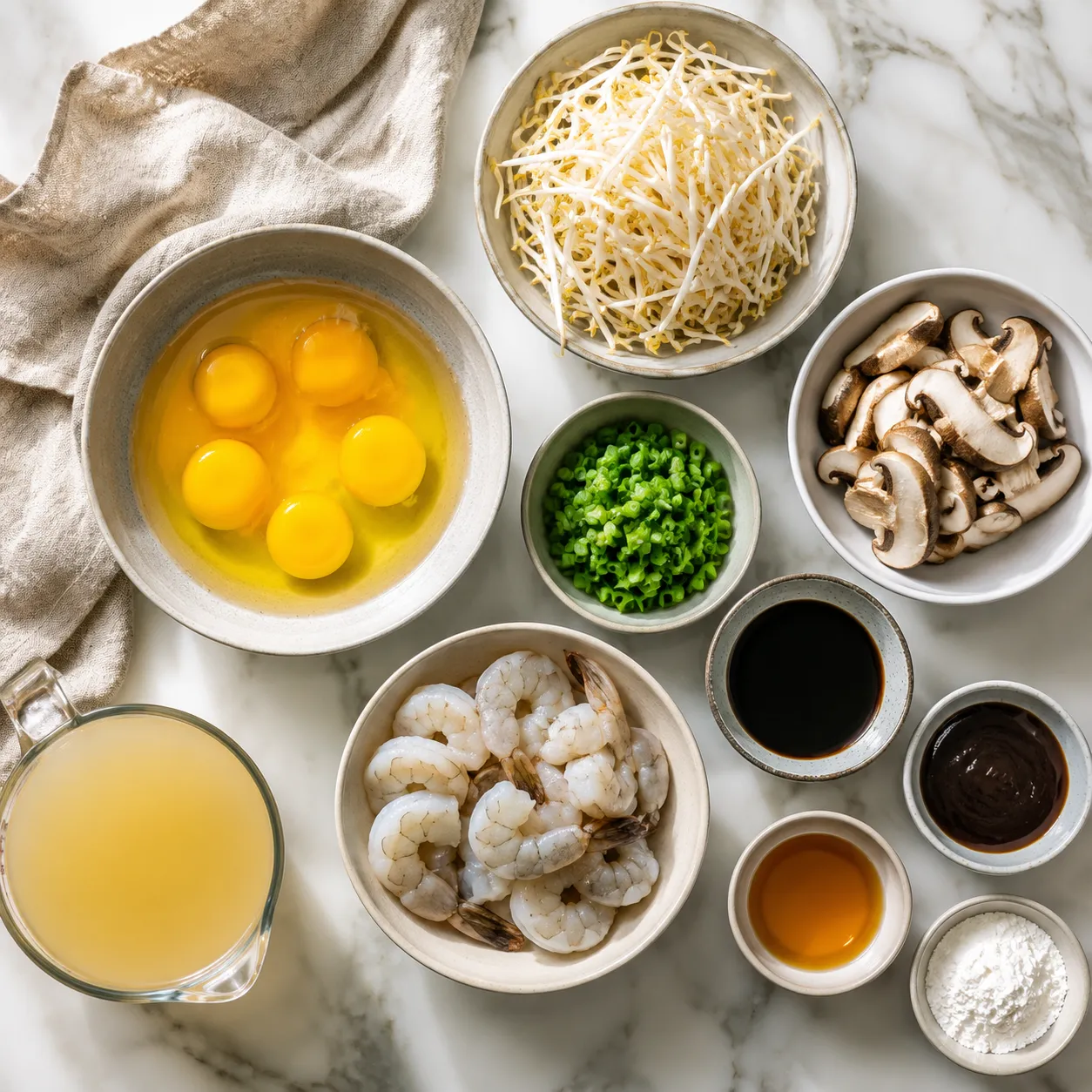 Egg foo young ingredients flatlay with eggs, bean sprouts, shrimp, and sauces