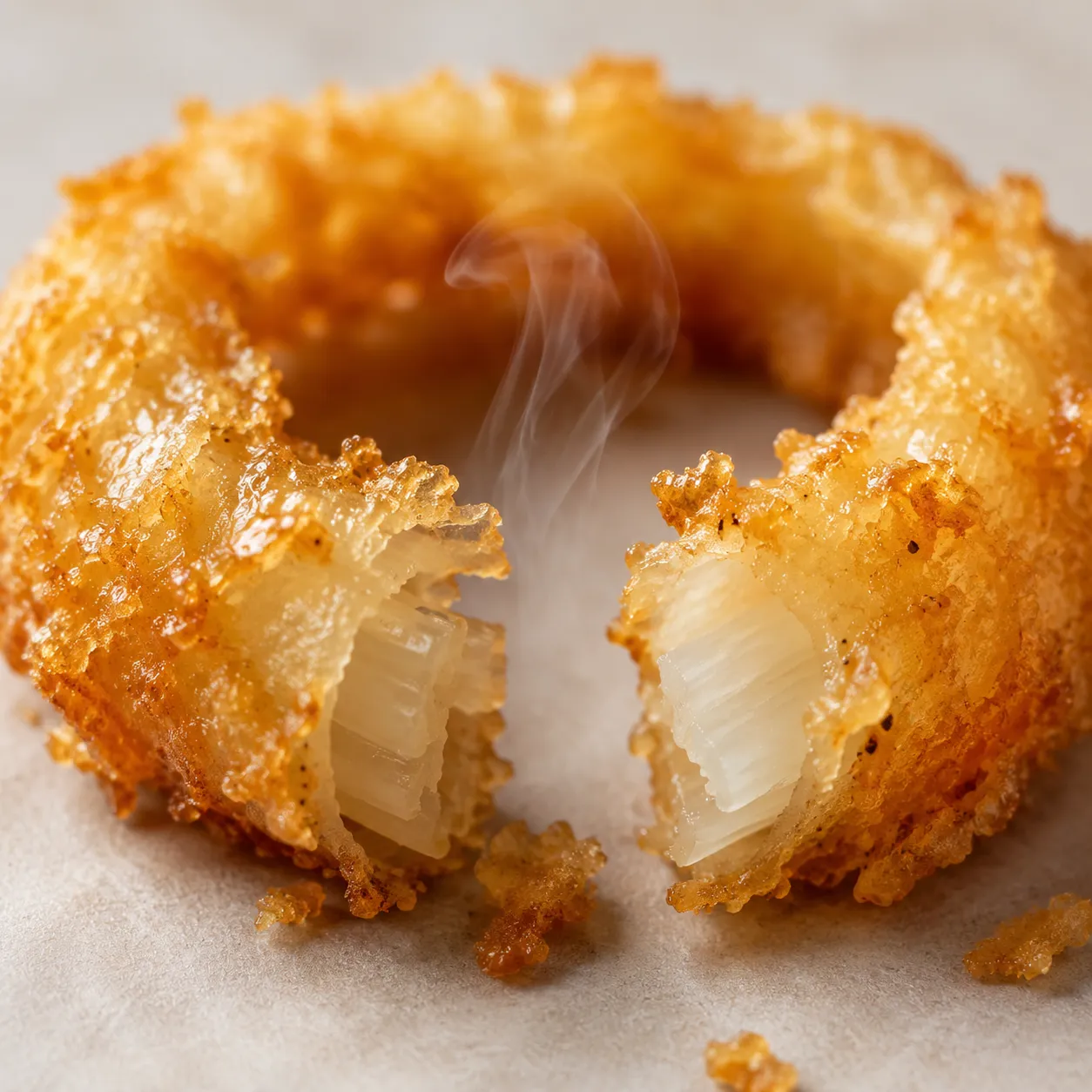 Close up of crispy onion ring batter showing shattered golden crust