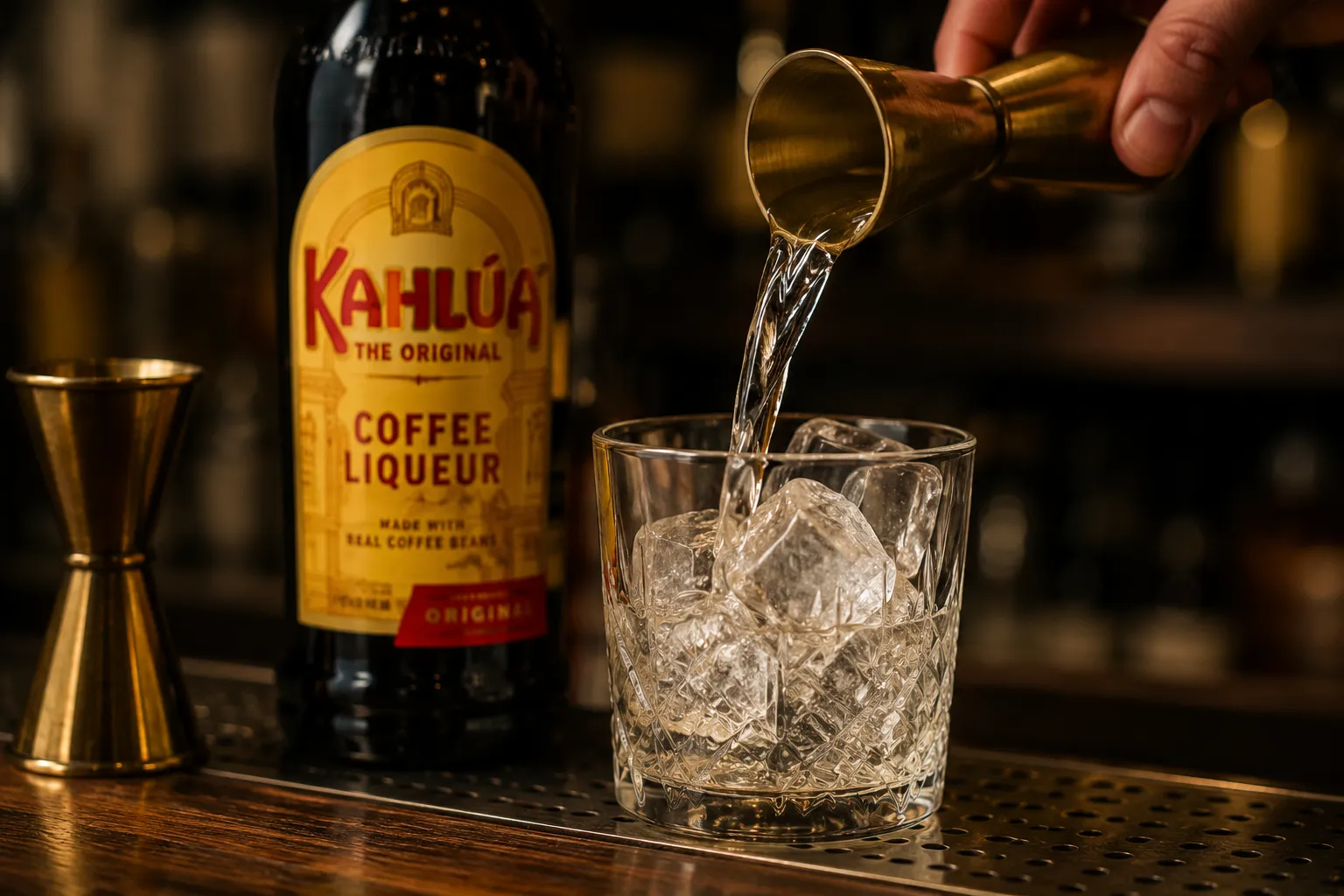Pouring vodka into a rocks glass for a homemade White Russian drink