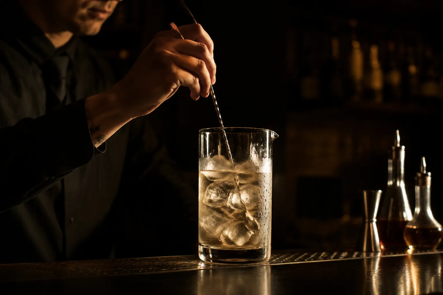 Stirring a gin martini in a mixing glass with a bar spoon