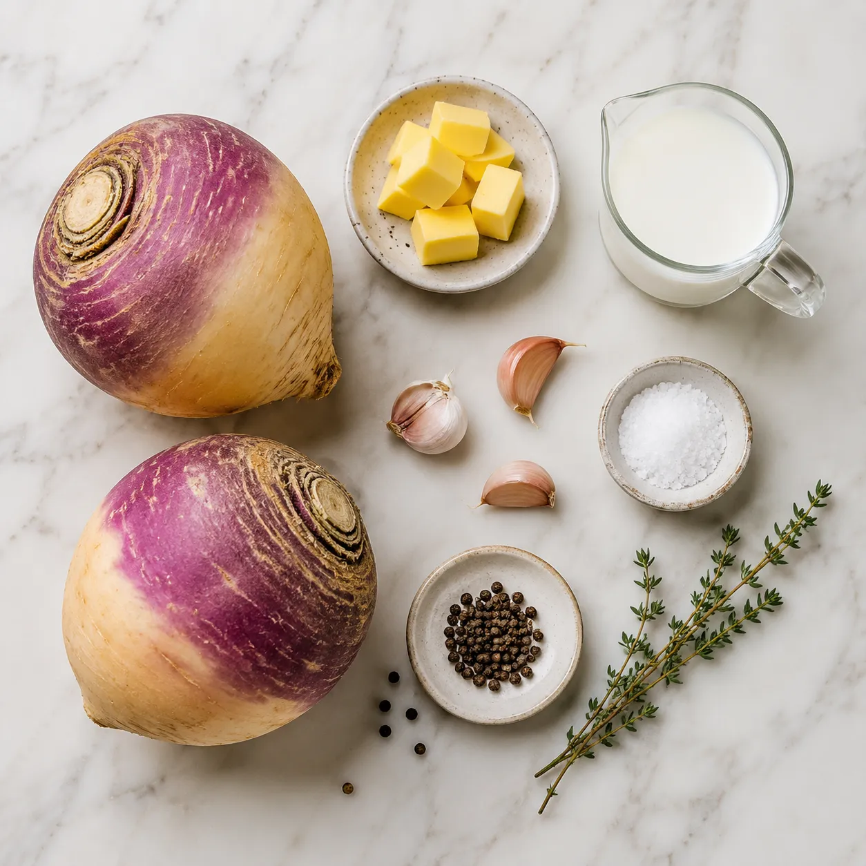 Rutabaga recipe ingredients flatlay with butter, garlic, milk, and herbs on marble.