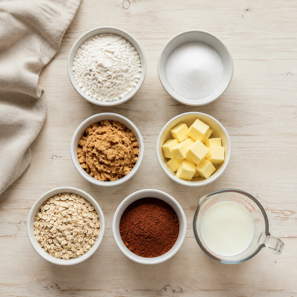 One cup measurements of flour, sugar, butter and milk for cup to gram conversion