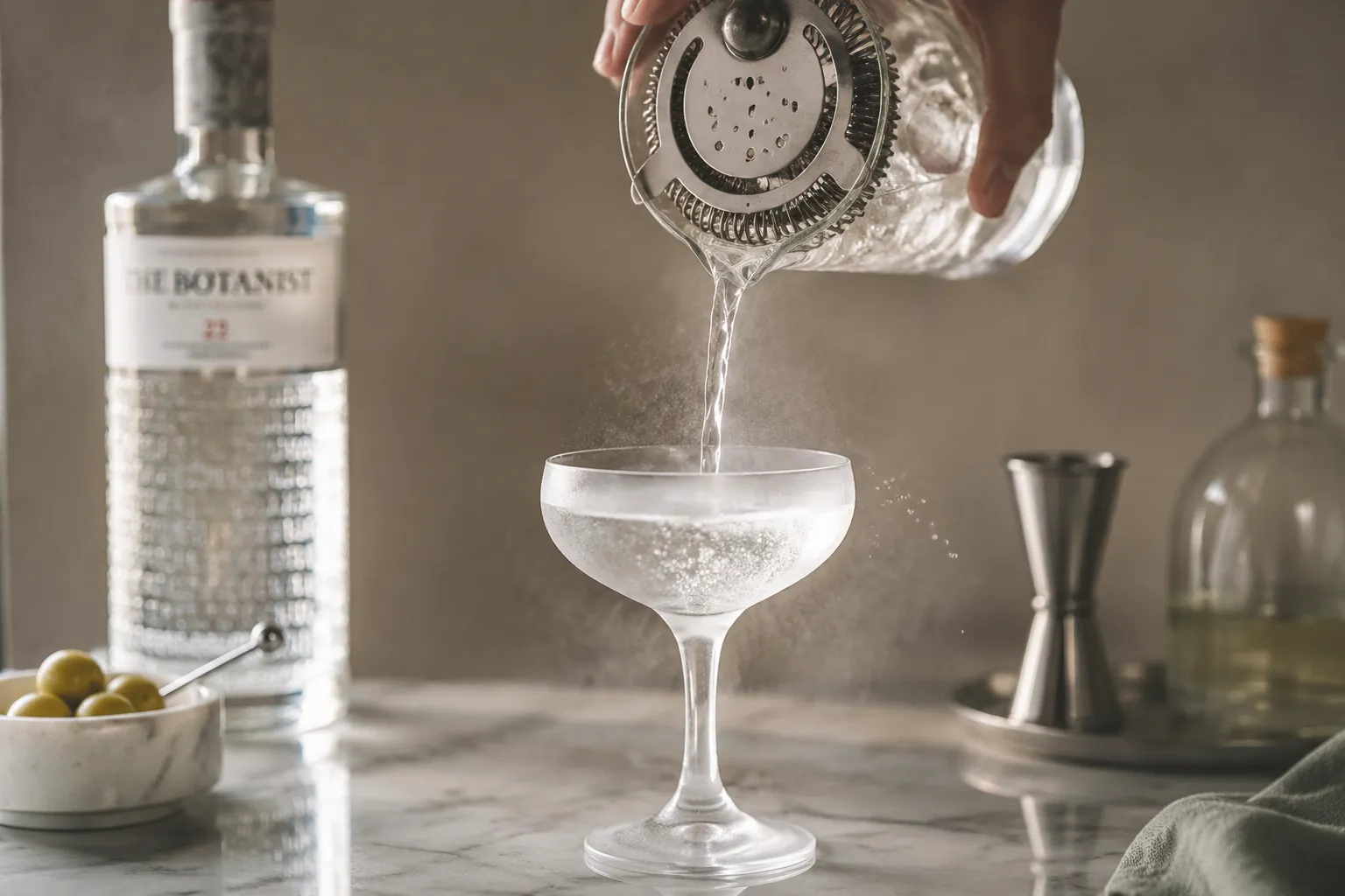Straining a martini into a chilled coupe glass