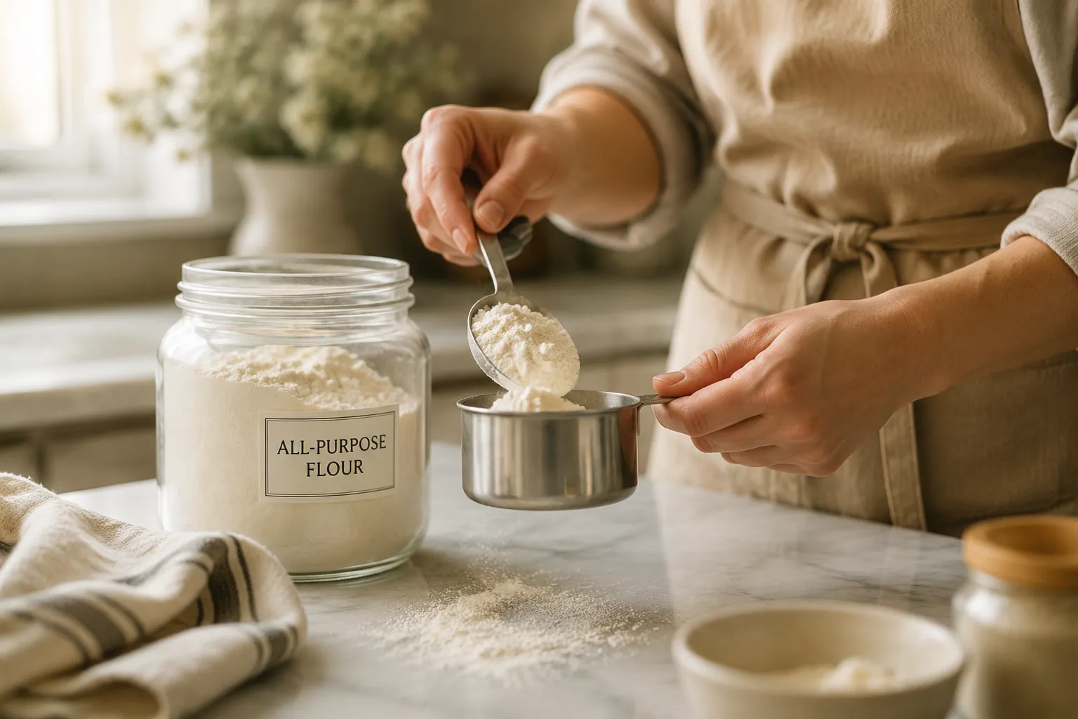 Spoon and level method for measuring 1 cup of flour in grams
