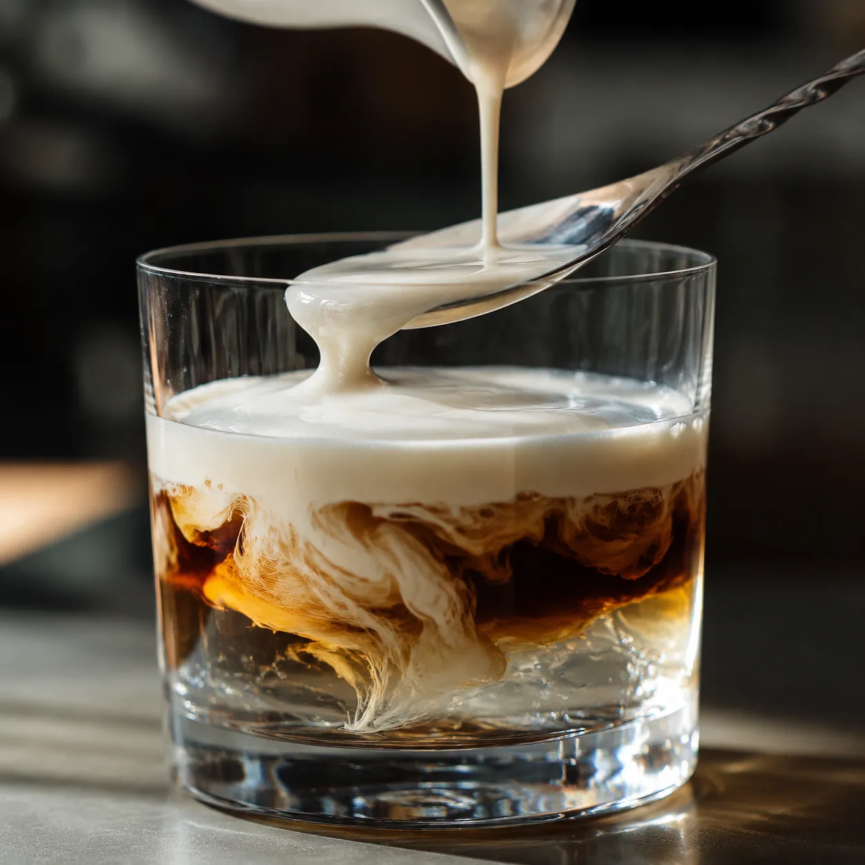 Floating heavy cream over a bar spoon to layer a White Russian