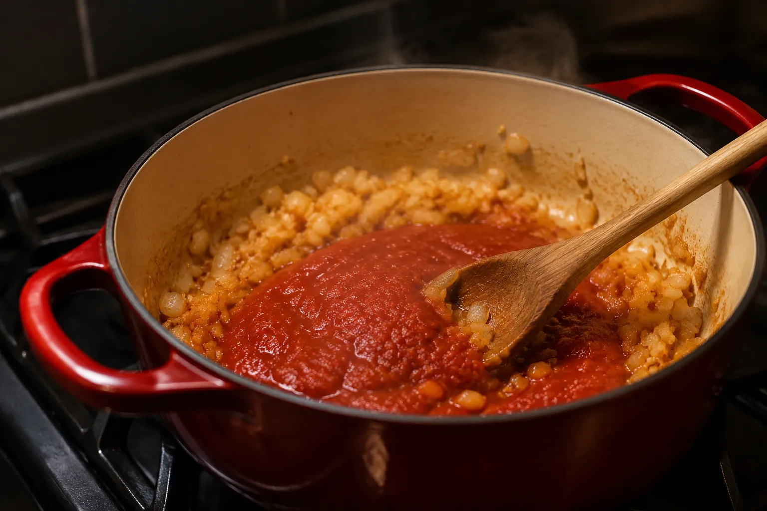 Building the tomato broth base for albondigas soup in a Dutch oven