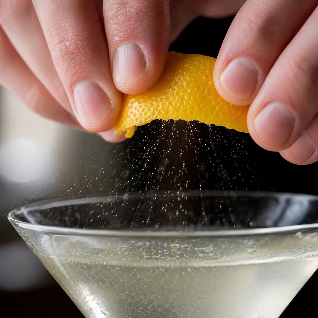 Expressing lemon peel oils over a classic martini recipe