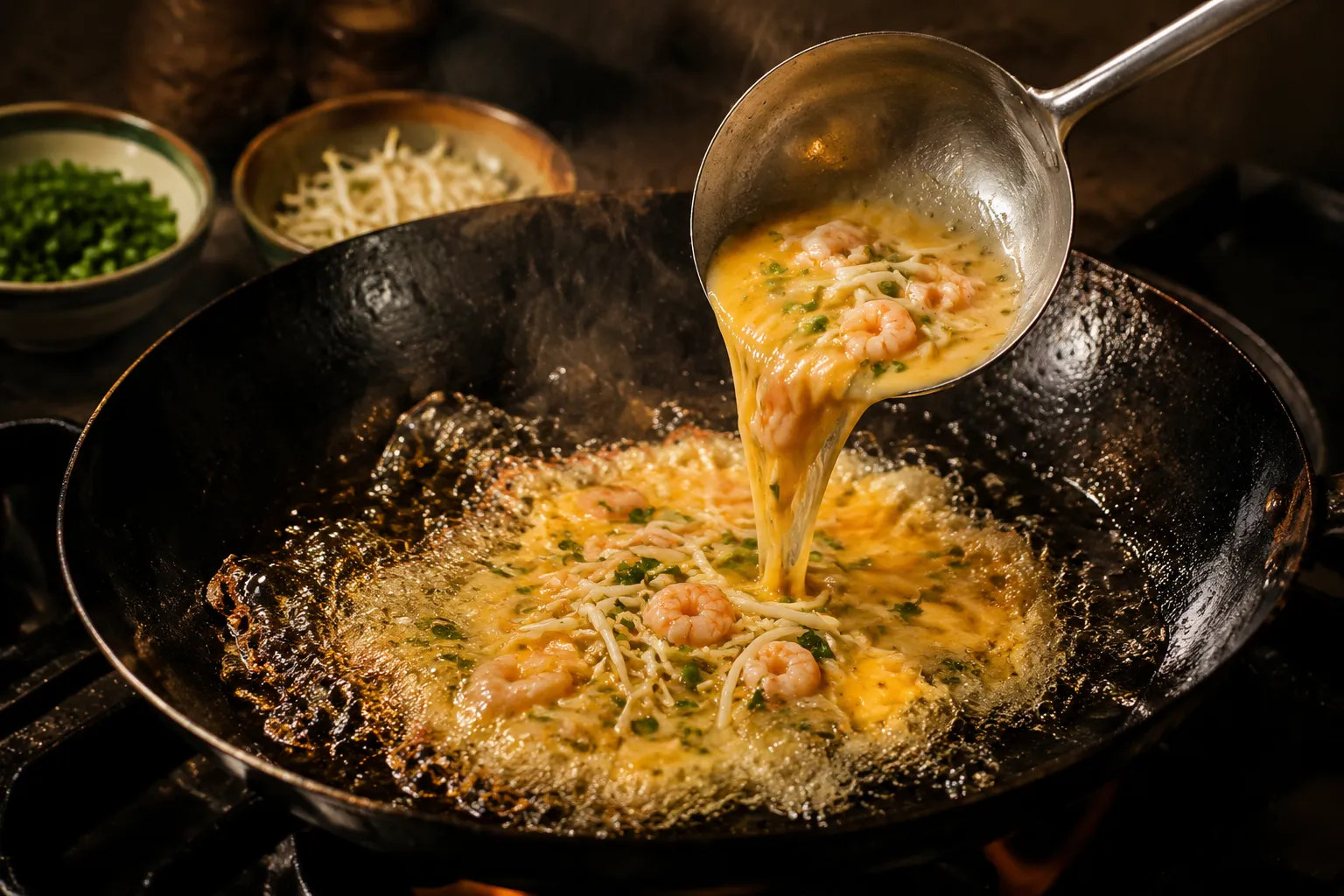 Egg foo young patty cooking in a hot skillet with crispy edges