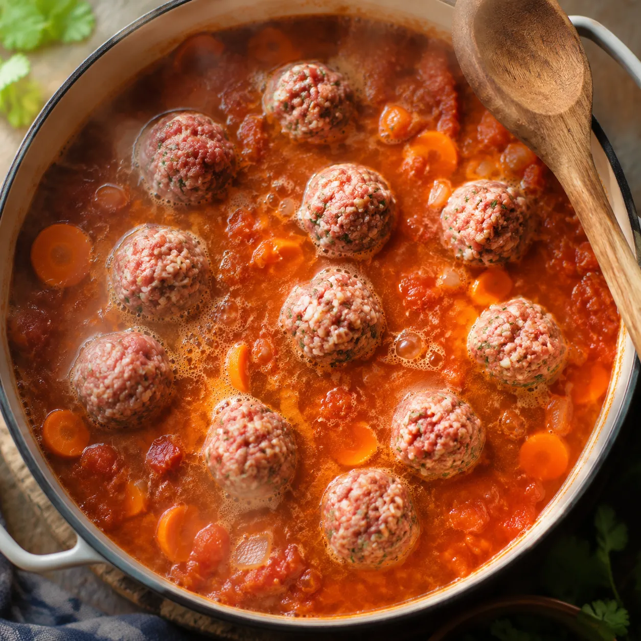 Adding meatballs to simmering broth for Mexican meatball soup