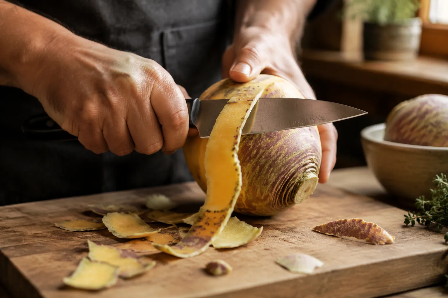 How to peel a rutabaga with a chef's knife on a wooden cutting board.