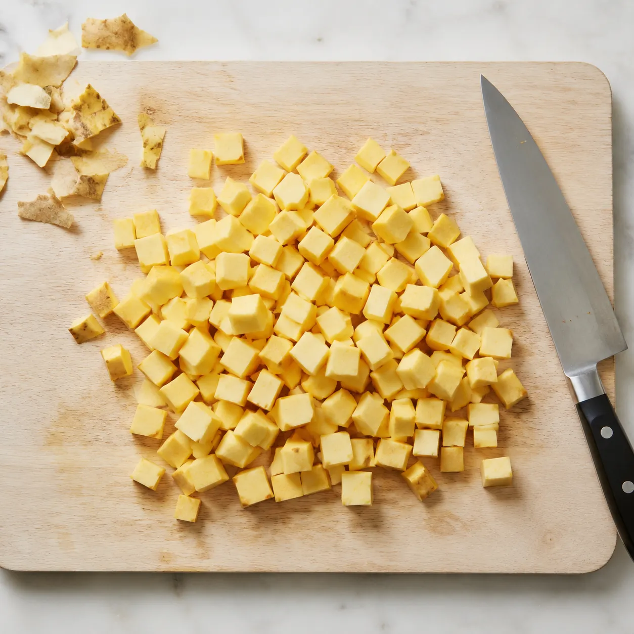Cubed rutabaga on a cutting board ready to boil for mashed rutabaga.