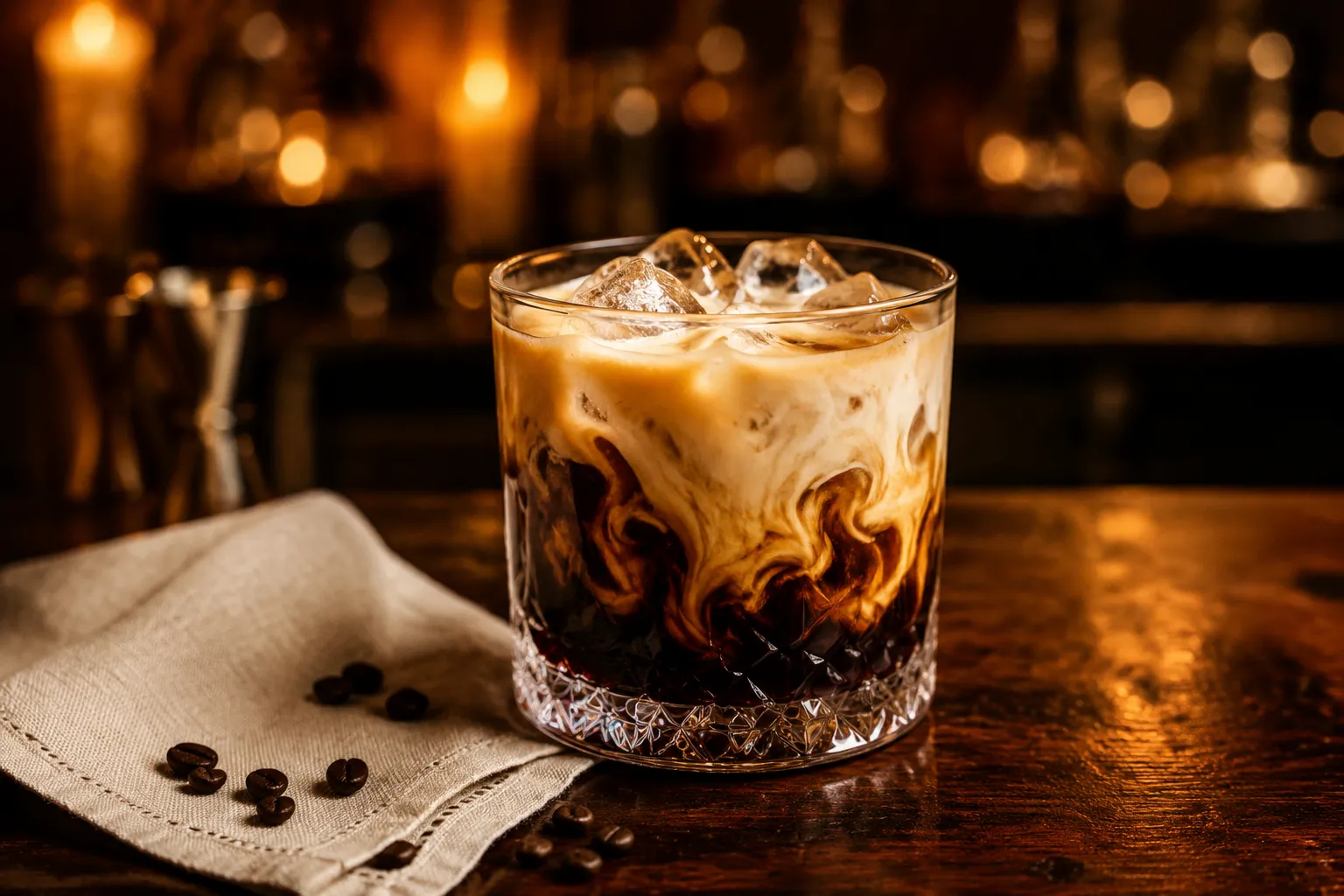 Finished White Russian recipe with marbled cream over ice