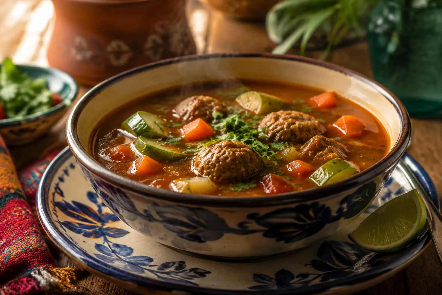 Finished bowl of authentic albondigas Mexican meatball soup